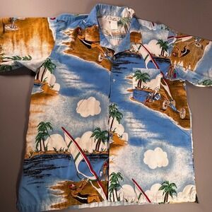 Vintage Repagé Hawaiian Shirt Mens XL AOP Surf Beach Scene Button Up Y2K